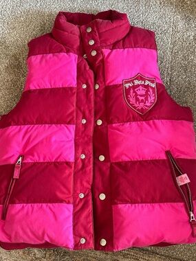 PINK Victoria's Secret Pink and Dark Red Striped Puffer Vest Reversible